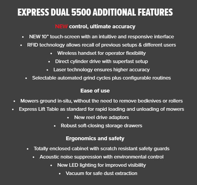 BernhardCompany's tweet photo. The #ExpressDual5500 is a fully connected reel mower sharpening system that comes with the following new features… https://t.co/45QtfEAeaQ