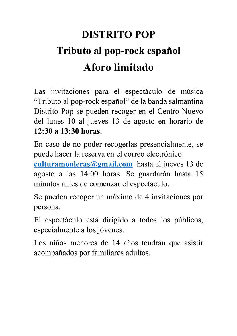 XXV FESTIVAL DE TEATRO Y ARTES ESCÉNICAS DE MONLERAS. MÚSICA. DISTRITO POP: TRIBUTO AL POP-ROCK ESPAÑOL. 14 de agosto a las 10:30 de la noche en el Anfiteatro. Aforo limitado. 

Mas información en monleras.es/web/index.php/…