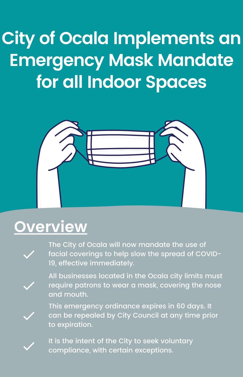 Graphic: Ocala/Marion County CEP  @OcalaCEP 

City of Ocala implements an Emergency Mask Mandate for all indoor spaces. 

#Ocala #Covid19 #FPRA #TransformFPRA #PurposeFPRA