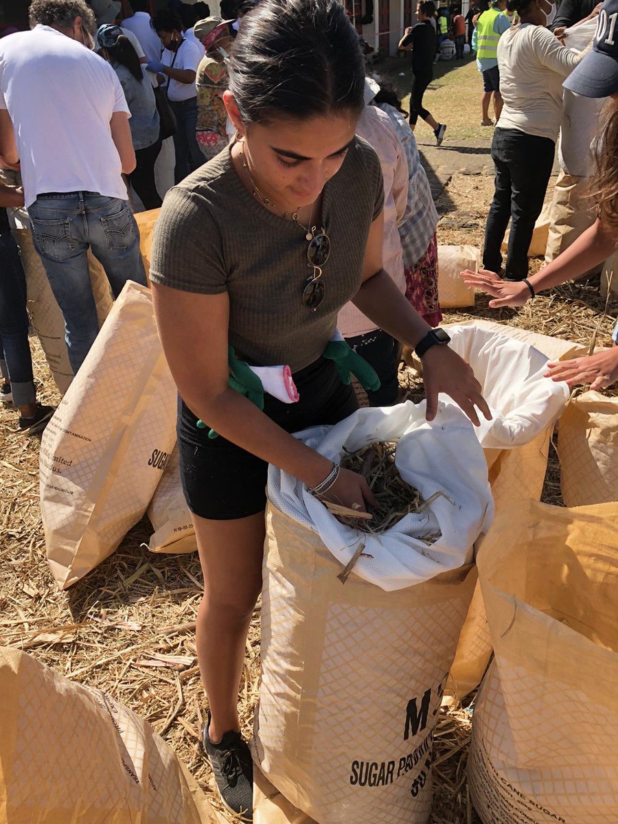 oliviarparkar's tweet photo. Helping out with the oil spill in Mauritius, stuffing fabric with sugar cane bagasse to #sovnoulagon https://t.co/ZXEuguo7k0