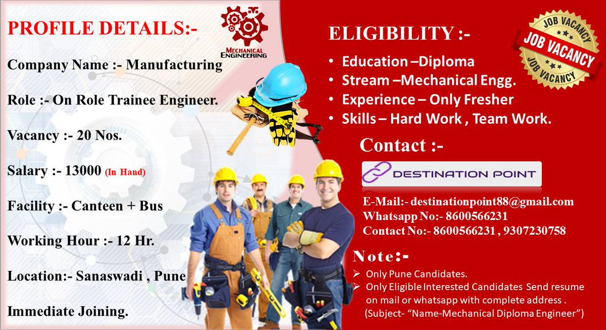 jobinpune's tweet photo. Hiring For Mechanical Diploma Trainee Engineer 👷👷♀️
#job #jobseeker #Jobs #mechanical #mechanic #diploma
#Technician #Technical #interview #vacancy #pune
#punejob #jobinpune #engineering #engineers #engineer #sanaswadi #fresher #Mumbai https://t.co/pfwK8OmDQj