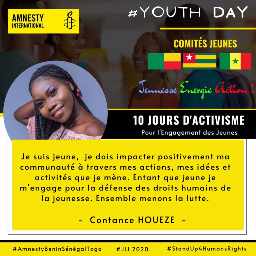 mamaoulfath's tweet photo. Jour 2
#Bénin #YouthDay2020
Constance HOUEZE
#AmnestyBeninSénégalTogo
#StandUp4HumansRights
#JIJ2020 @amnestybenin @kikanfr @AdamWassilatou @Avlessifiacre @Yannickdedo @attindoglofreju https://t.co/BnfUVb8Atb