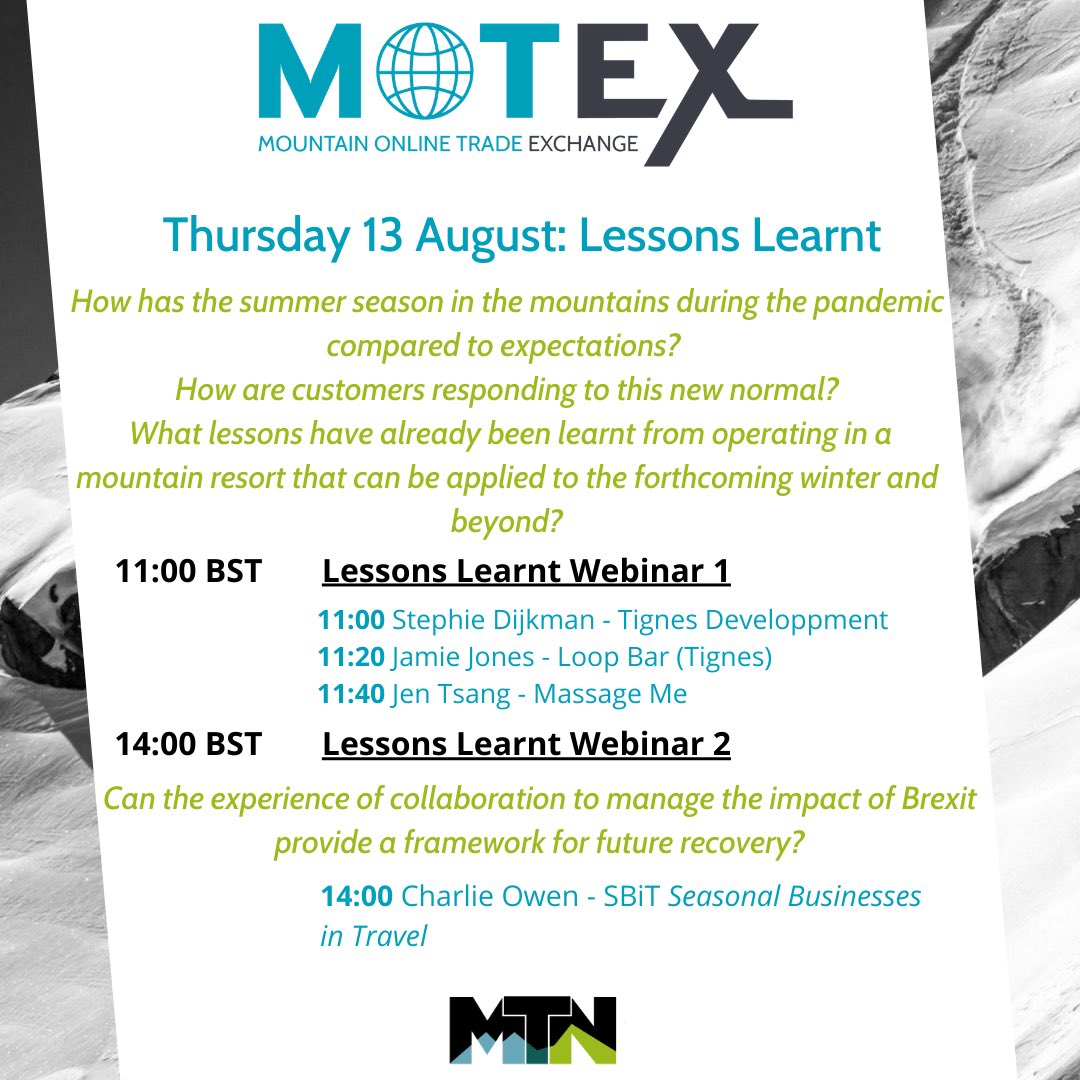 listex_uk's tweet photo. Today’s free webinars from MOTEX, ‘Lessons learnt.’ From 11am, hear interviews with panellists @MassageMeAlps @TignesOfficiel &amp; #loopbar #tignes. 2pm join Charles from @SBIT_UK. Register a free @MtnTradeNetwork account and visit the event to join https://t.co/DApWZcGICj https://t.co/On8wWtPLhA