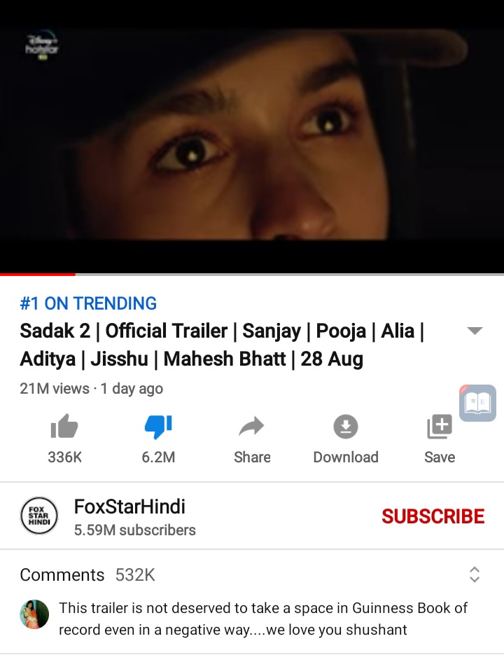 SaniRoy375's tweet photo. #SushantSinghRajput
The trailer of Mahesh Bhatt & Alia Bhatt's #Sadak2 became the most Disliked trailer on youtube within 24 hours of release. Sadak2 trailer gets 6 Million dislikes.What a tribute to #SSR.
#Sadak2Flop
#PowerOfFans❤ https://t.co/3Ei5R7N11h