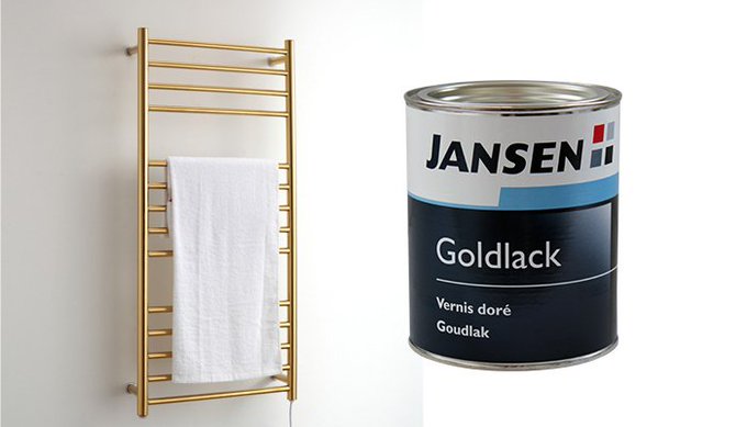 VistapaintNL's tweet photo. Jansen Goudlak is een weersbestendige kunstharslak die ijzer, staal, maar ook hout, spaanplaat een mooi metallic gouden uiterlijk geeft. Toepasbaar op pijpen, verwarmingsradiatoren, hekken, deuren en autovelgen. #goudlak #kunstharslak #hittebestendig #radiatoren #autovelgen https://t.co/4NestAlcXO