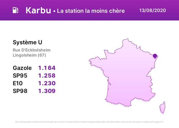 KarbuApp's tweet photo. La station la moins chère du jour est à Lingolsheim (67) !
Téléchargez Karbu pour Android: https://t.co/mYY1F7brqW
#essence #carburant #diesel #france #karbu https://t.co/C0Hoa2npTQ