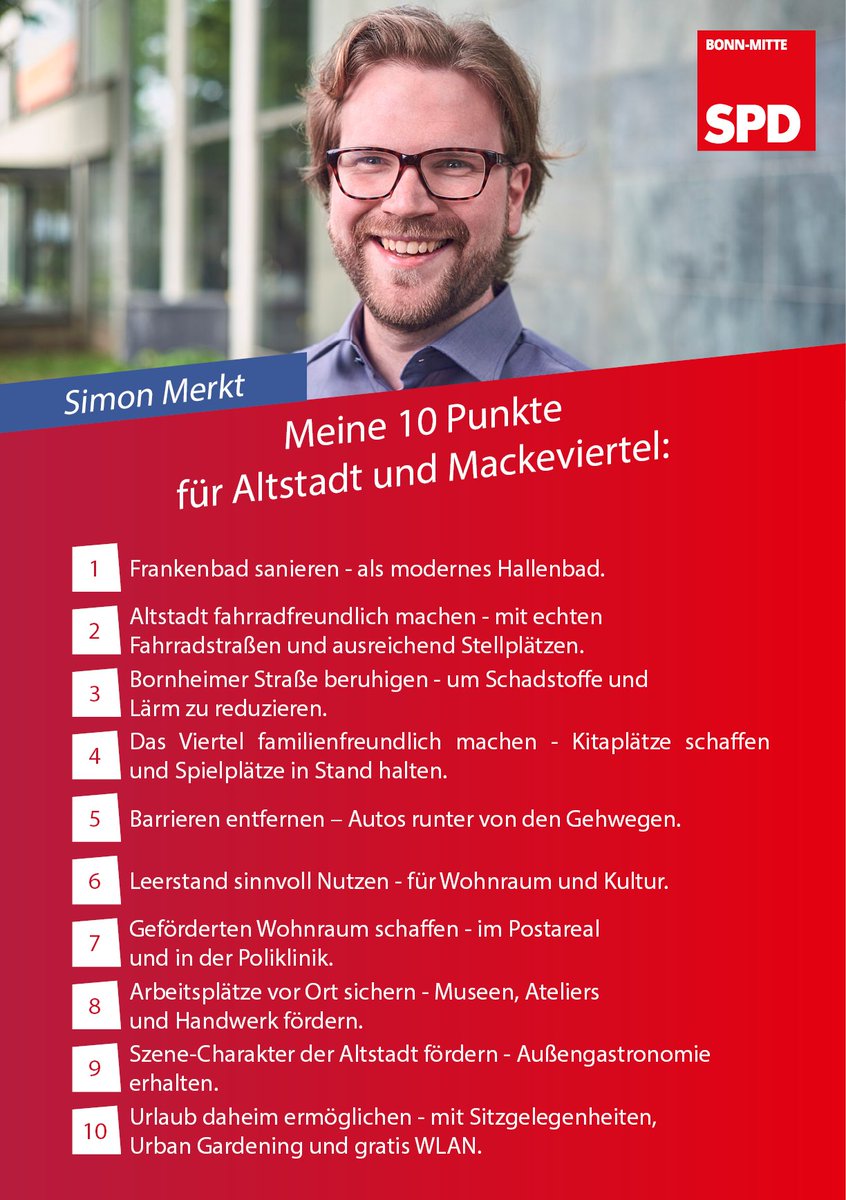 Das ist mein 🔟Punkte Plan für #Altstadt und #Mackeviertel.
Diesen Herbst können wir loslegen damit. Dafür brauche ich Eure Stimme am 13. September.
#kommunalwahl #bonn #wohnraum #verkehrsberuhigung #barrierefrei #frankenbad  #radwege #kitas #spielplätze #außengastronomie