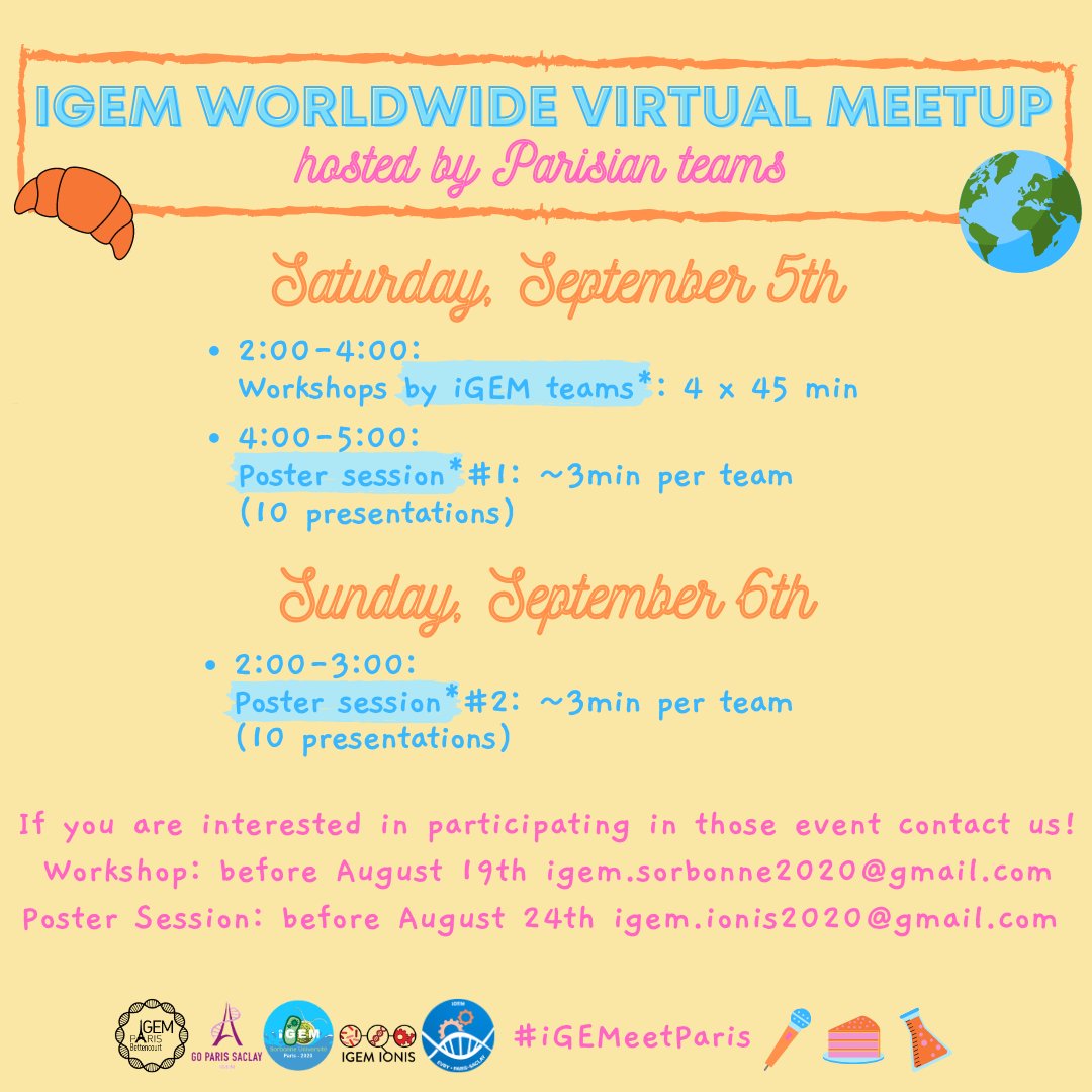 Collaboration Alert!

We're excited to be working with 5 Parisian iGEM teams to host a global #iGEM virtual meetup via @zoom_us !

Register for a fun-filled weekend at the link below:

forms.gle/cGhddcEm5pQJRx…