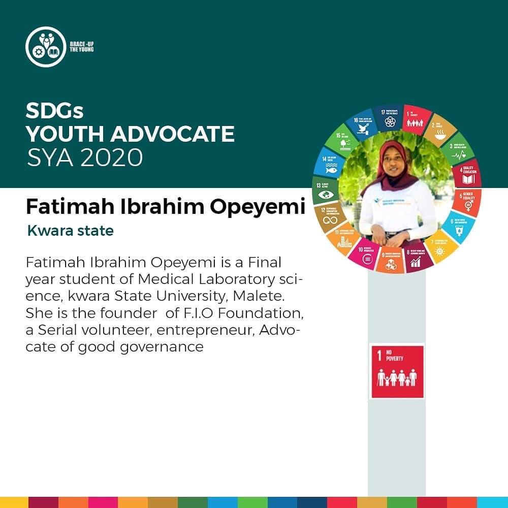 FIOFOUNDATION3's tweet photo. Congratulations to our founder, Miss Fatimah Ibrahim Opeyemi on her selection as on of the 17 SDGs Youth Advocate 2020 by @BraceuptheYoung
Thank you for the honor.
#HappyInternationalYouthDay
#SYA20
#SDGs
#sdg1
#nopoverty
#FIOFOUNDATION https://t.co/PDEEiQHNTR