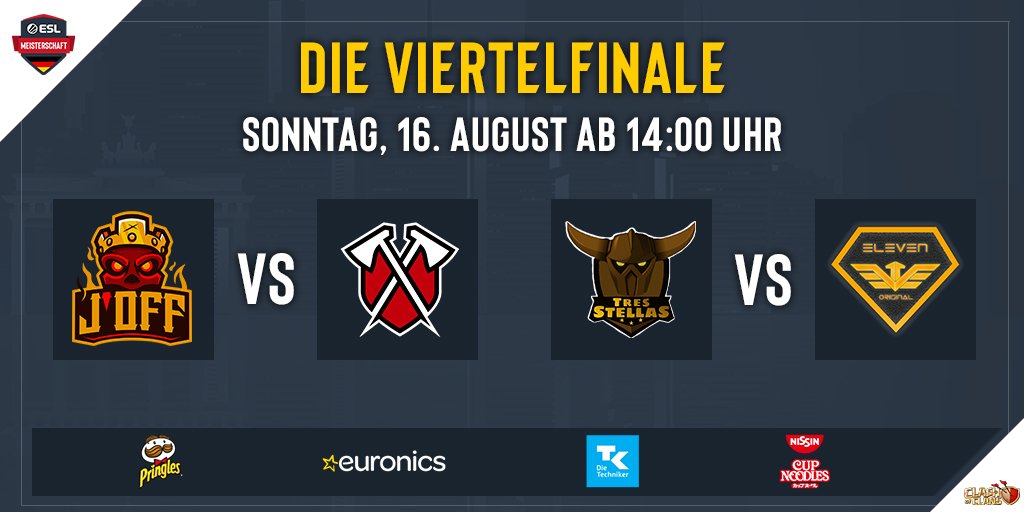ESL Germany (@eslgermany) on Twitter photo Am Sonntag finden wir heraus, wer im Kampf um den <a href="/ClashOfClansDE1/">Clash of Clans DE</a> #ESLMeisterschaft Titel weiter dabei bleibt! #ClashOfClans
๐ @JOFF_Clan - <a href="/TribeGaming/">Tribe Gaming</a>
๐ <a href="/TresStellasCoC/">tresstellas</a> - <a href="/eleven_original/">eleVen Original</a>
๐ Sonntag, 14:00 Uhr
๐<a href="/GRunnerTV/">Renรฉ | OverTake</a>, <a href="/Shaso_1/">Shaso</a> & <a href="/Noobs_iMTV/">Noobs_iMTV</a>
๐บ twitch.tv/esl_mobile_de Am Sonntag finden wir heraus, wer im Kampf um den <a href="/ClashOfClansDE1/">Clash of Clans DE</a> #ESLMeisterschaft Titel weiter dabei bleibt! #ClashOfClans
๐ @JOFF_Clan - <a href="/TribeGaming/">Tribe Gaming</a>
๐ <a href="/TresStellasCoC/">tresstellas</a> - <a href="/eleven_original/">eleVen Original</a>
๐ Sonntag, 14:00 Uhr
๐<a href="/GRunnerTV/">Renรฉ | OverTake</a>, <a href="/Shaso_1/">Shaso</a> & <a href="/Noobs_iMTV/">Noobs_iMTV</a>
๐บ twitch.tv/esl_mobile_de