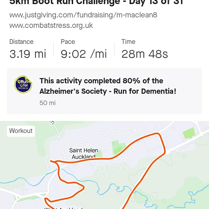 ma_mac08's tweet photo. 5km Boot Run challenge - Day 13 of 31 raising money for @CombatStress. So far raised £265 of £500 target. @TheRoyalLancers #royallancers #combatstress #mentalhealth #mentalresiliance #veterans #positivity #bodyandmind #speakout #alwaysawayout https://t.co/ASX6MvqkVc