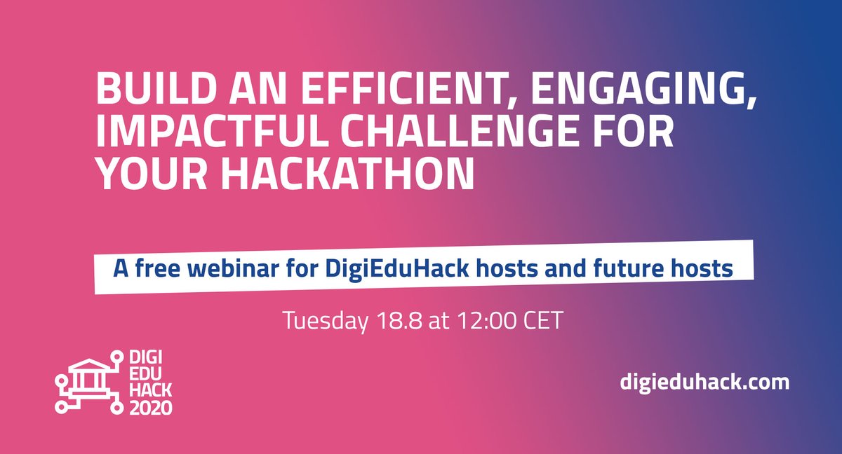 How to build an efficient, engaging and impactful #challenge for your #hackathon? 

A #webinar for all #DigiEduHack hosts+future hosts, by <a href="/mikaelhautala/">Mikael Hautala</a> from @industryhack_ 

🗓️ Tuesday 18.8, 12:00 CET, free

✔️ More: digieduhack.com/en/news/webina…

➡️ Book forms.gle/GXA35JeLY4AuZX…