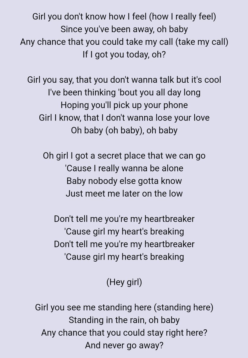 • HeartbreakerJustin talks about how the person he loves is breaking is heart by leaving him and refusing to listen what he has to say, he talks how much it hurts him to the point he can't sleep, eat and live properly when added to all the hard things he's going through