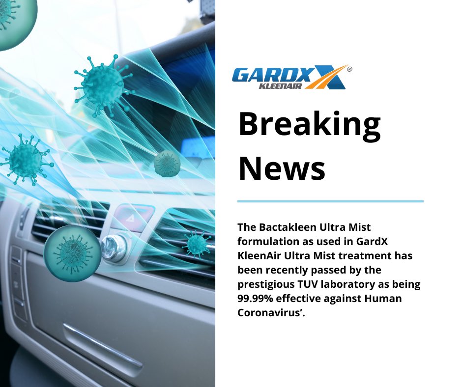 GardXME's tweet photo. BREAKING NEWS:

The Bactakleen Ultra Mist formulation as used in the GardX KleenAir treatment has been recently passed by the prestigious TUV laboratory as being 99.99% effective against Human Coronavirus

#we_are_all_responsible #gardx #gardxme #sanitisation https://t.co/NQR0l49Hjw