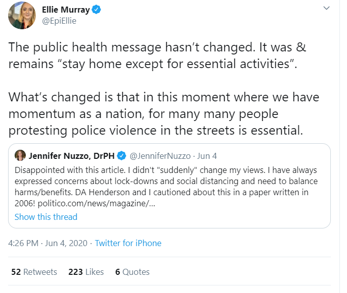 15/In March, Professor of epidemiology  @epiellie said avoid crowds. (pic 1)Once the protests started she said protests are fine because her side has "momentum." (pic 2) She changes her message based on political calculations then says her message hasn't changed: