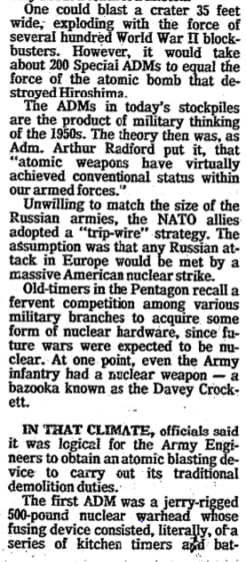 Despite criticisms, US Army said both SADMs & MADMs needed. But some officers complained “Under present plans, ADMs are supposed to be exploded in deep holes to dig the biggest possible crater & to minimize radioactive fallout.” They wanted an anti-personnel radiation weapon!35/