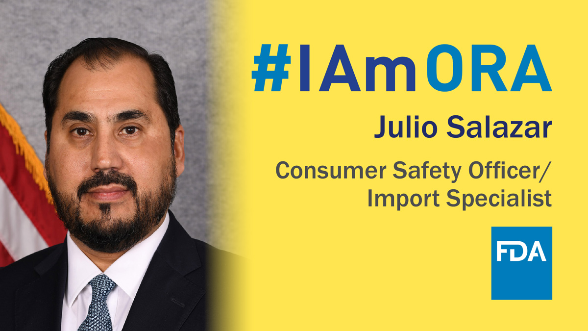 FDAInspects's tweet photo. Meet Julio Salazar, a Consumer Safety Officer/Import Specialist at #FDAORA. He ensures products that are imported into the US are safe/effective for intended use even under the current public health pandemic re: #COVID19. https://t.co/D9fhgsbPAt #IAmORA #ORAOnTheFrontlines https://t.co/1yvfjYz0Pb