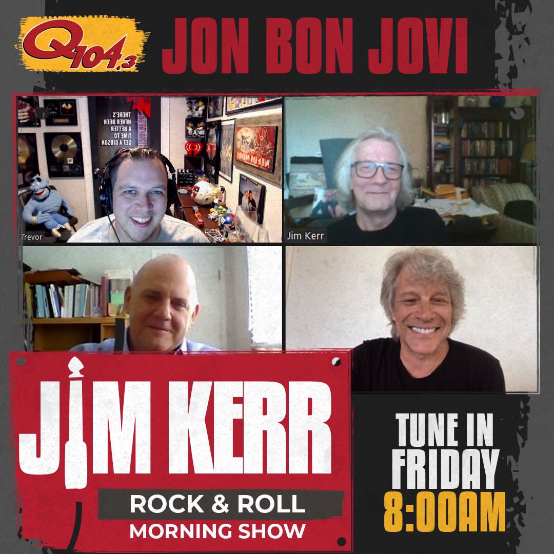 Q1043's tweet photo. Tomorrow at 8am on the Jim Kerr Rock &amp; Roll Morning Show our friend @jonbonjovi checks in to see what he has been up to during the pandemic. Plus we discuss his live performance on the Q tomorrow night at 7pm! Part of the @iheartradio icon series. https://t.co/bWNtmUVTsH