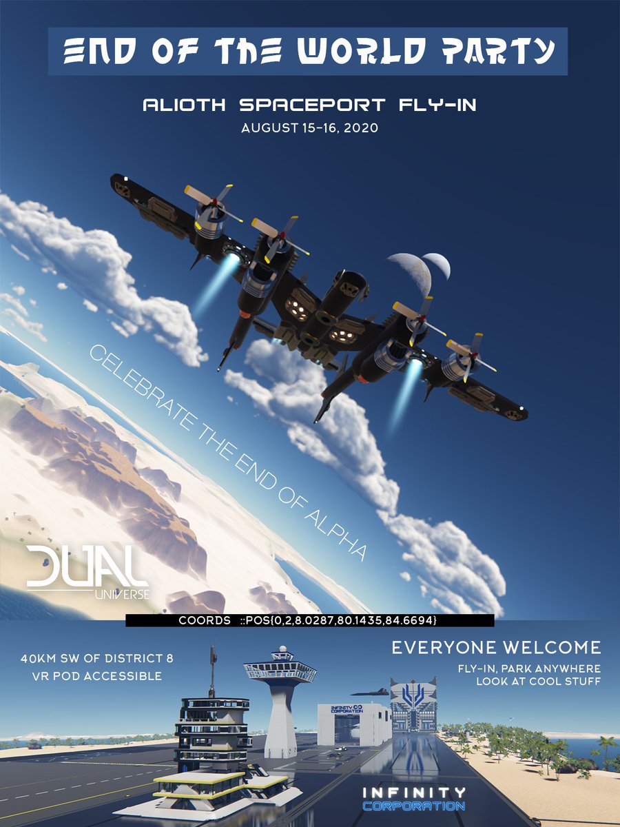 dualuniverse's tweet image. @InfinityCorpDU, a #DualUniverse organization, will be hosting a spacecraft fly-in available to all players on the 15th and the 16th of August. Details to the event are in the image below. Don't forget to go and show off your cool ships! 🚀💫