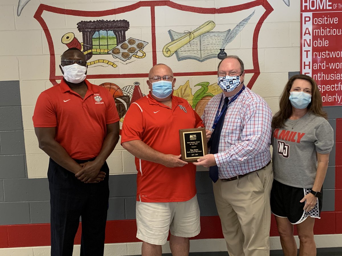 Congratulations again to Coach Tim Jones! Pictured today receiving our JCPS High School Coach of the Year plaque for the 2019-20 School Year. Principal Avery, Coach Jones, AD Coach Davis. Congrats also on your retirement Coach Jones! ⁦⁦<a href="/NJHS_Panthers/">North Johnston High</a>⁩ ⁦<a href="/njhspanthers/">North Johnston High Athletics</a>