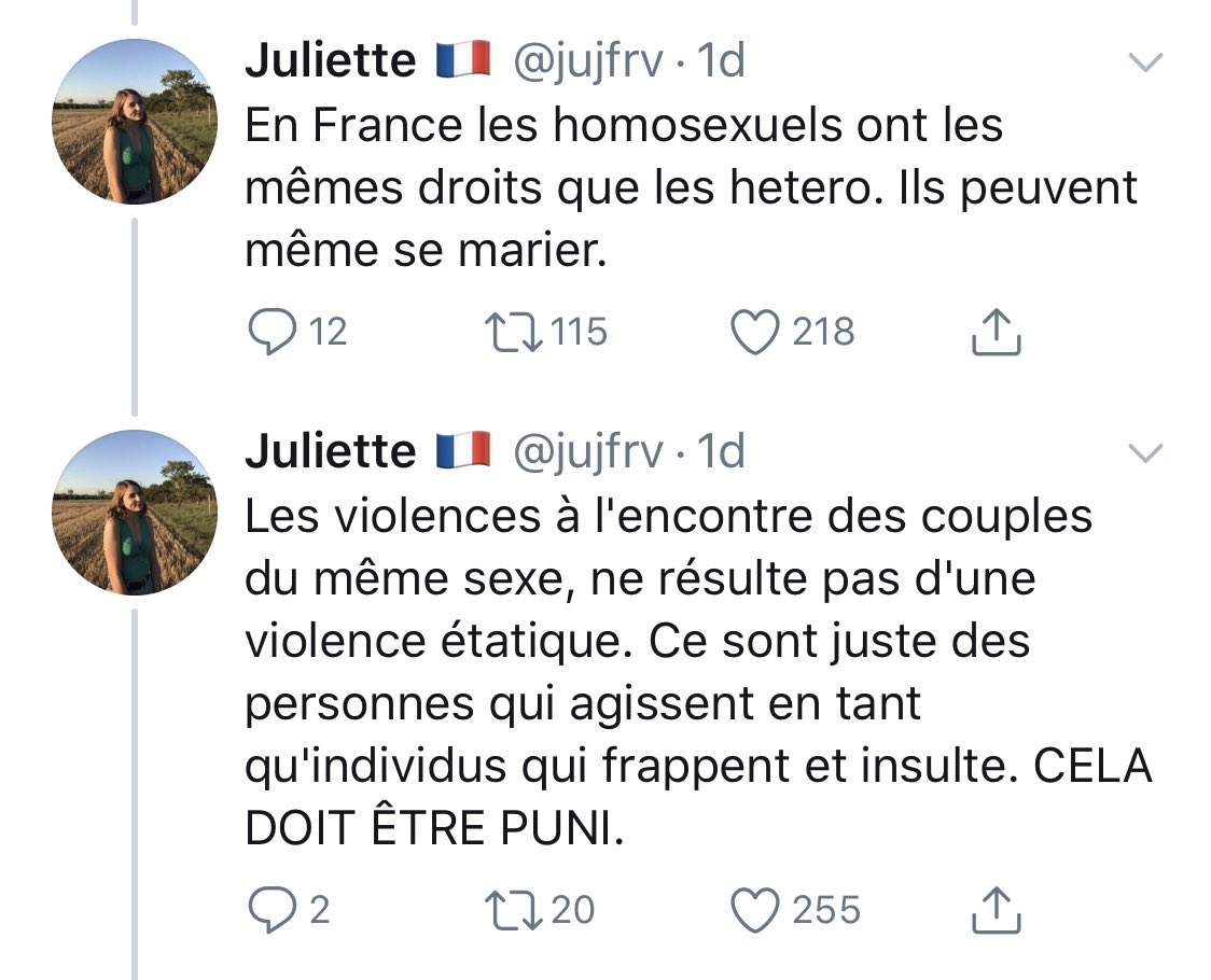 Là encore, l’homophobie intériorisée de Juliette qui lui fait cracher la même soupe homophobe que les autres sur : on aurait les mêmes droits que les hétéros.C’est absolument faux : sur l’adoption, la famille, le don du sang, la transidentité, etc... c’est donc aussi etatique.