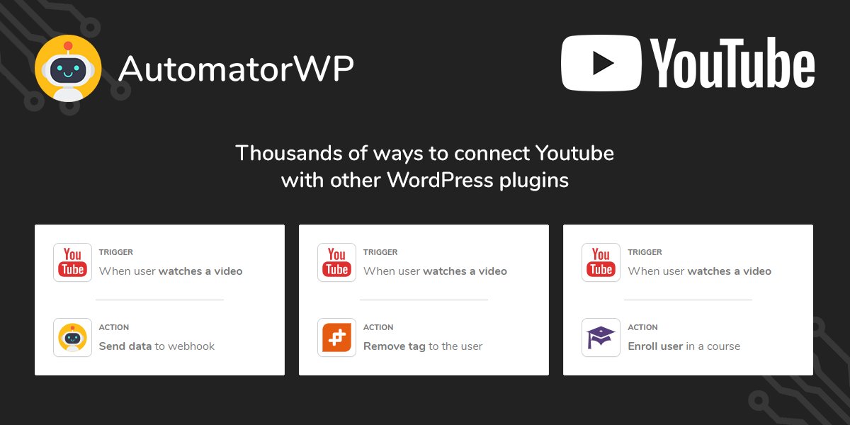 AutomatorWP's tweet photo. Our @YouTube add-on lets you run any #NoCode #automation on your #WordPress when user watches a #video like:
- Enroll in a course (#LearnPress)
- Add a membership to the user (@rcpwp)
- Add a tag to the user on @ActiveCampaign (#WPFusion)
More info: π
https://t.co/yFfZOXrxIe https://t.co/ItzX5QgoYf