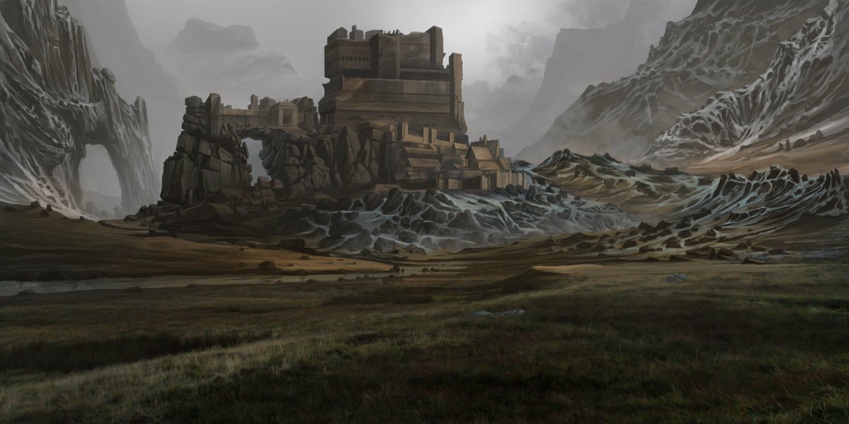 AngusHB's tweet image. Difficult to find time to paint these days but still making progress I think. #digital #painting #design #ruins #valley #mountains #Filmmaking