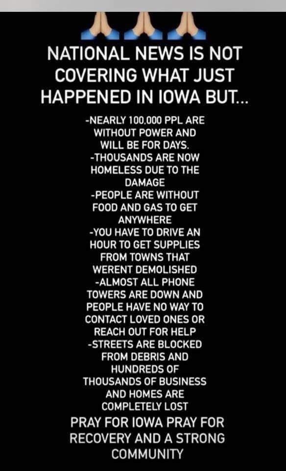 lkl420's tweet photo. Help get notice &amp; maybe some help for Iowa! We’re approaching 72hrs without power for thousands of ppl/businesses. #sendhelp #SpreadTheWord #Iowahurricane #derecho2020 #stormdamage #Crisis #WritingCommunity #trees #wind #DESTRUCTION #HelpIowa https://t.co/VbvInGtIk7