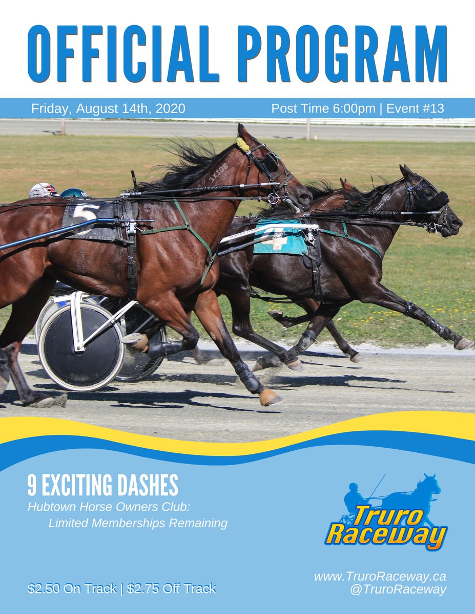 truroraceway's tweet photo. August 14th's Official Program is available for free at https://t.co/4hZ4kDHrDW. Get a head start on your picks now!
First post is 6:00pm Friday.
#HarnessTheAction #StandardbredRacing #ExploreNS #ThingsToDoInTruro #FastFridays https://t.co/6yCqWYFUzf