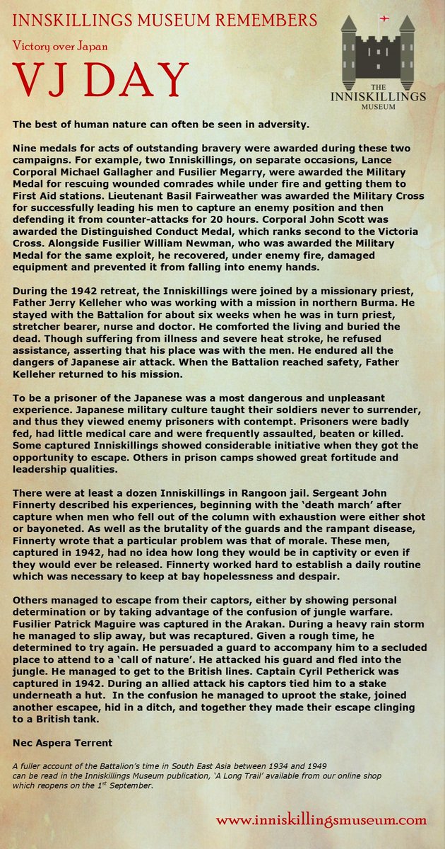 <a href="/Inniskillings/">Inniskillings Museum</a> remembers #VJDay75 

Part III of a three part trilogy telling the story of the 1st Battalion Royal Inniskilling Fusiliers in South East Asia during the Second World War.

Nec Aspera Terrent.