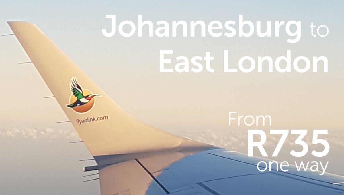 Fly Johannesburg to East London from R735 one-way, all-inclusive, including FREE 20kg checked-in baggage allowance. T&C’s apply. 

Book your #Airlink4Z ticket now: bit.ly/2XW1MqK 

Fly affordably and with confidence when you #FlyAirlink. 
#travelreadysa #IamTourism
