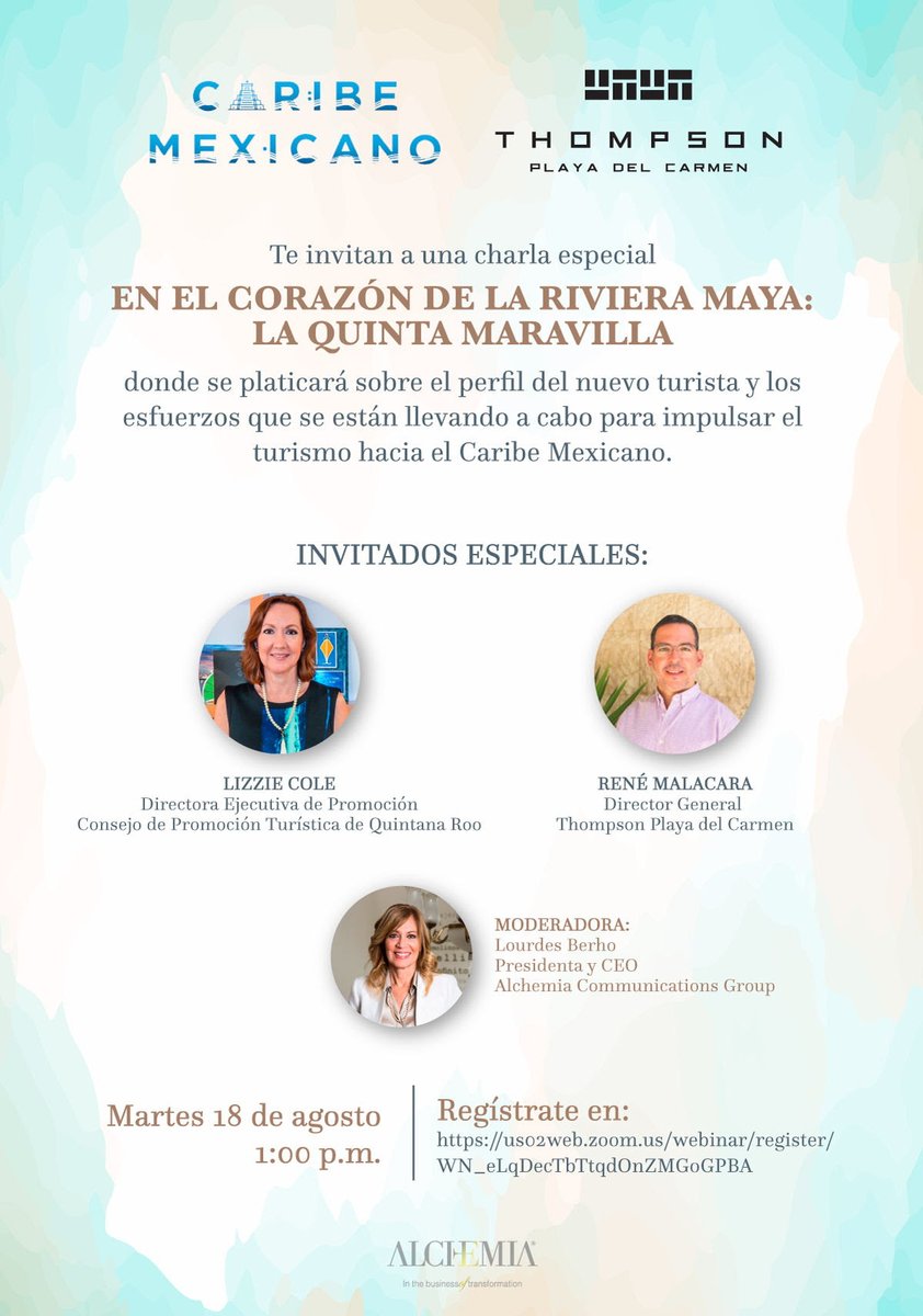 alchemiamx's tweet photo. @ThompsonPlaya te invita a una plática entre expertos sobre el perfil del nuevo turista y las increíbles experiencias que ofrece tanto la región del #CaribeMexicano como el hotel a sus visitantes @CPTQROO
Regístrate en: https://t.co/CiVj4rJlXt https://t.co/Lg32VHAbXL