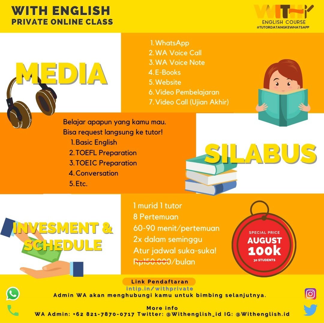 Withenglish_id's tweet photo. Hello pejuang kampus! Kalian tau kan kalo bahasa inggris bakal dipake u/ lulus, maupun kerja.
Masih ragu dg kemampuan bahasa inggris kalian? Atau mau belajar tp bingung dari mana? 

kita buka kelas private loh! Jd bs blajar dengan fokus &amp; terarah sesuai dengan keinginan kalian🔥 https://t.co/S4bGbhvUKf
