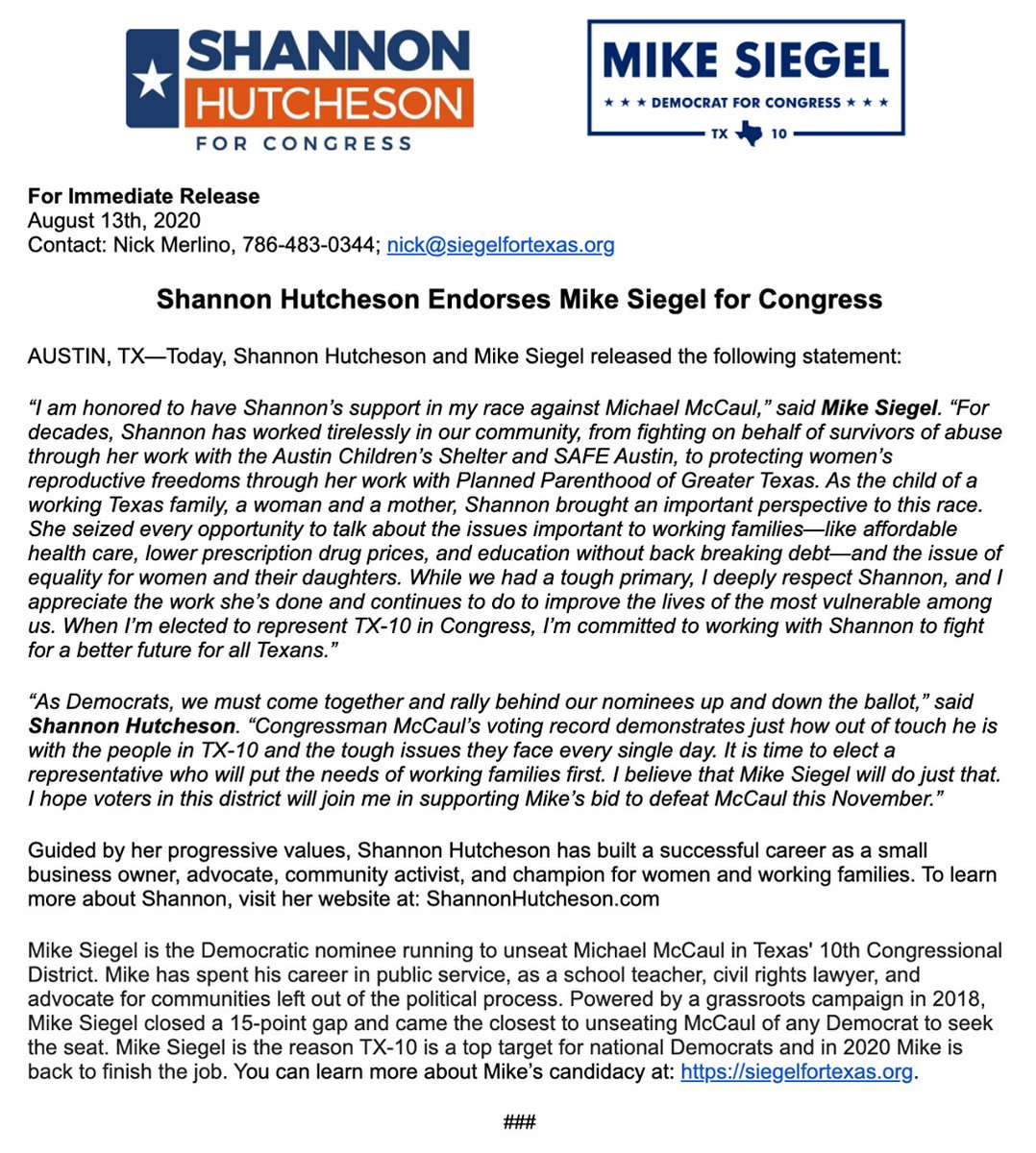 .@SiegelForTexas will put the needs of working families first. That is what real representation looks like and it’s a far cry from what we currently have with Rep. McCaul. 

#TX10 voters, I hope you will join me in supporting Mike Siegel in his bid to defeat McCaul!
