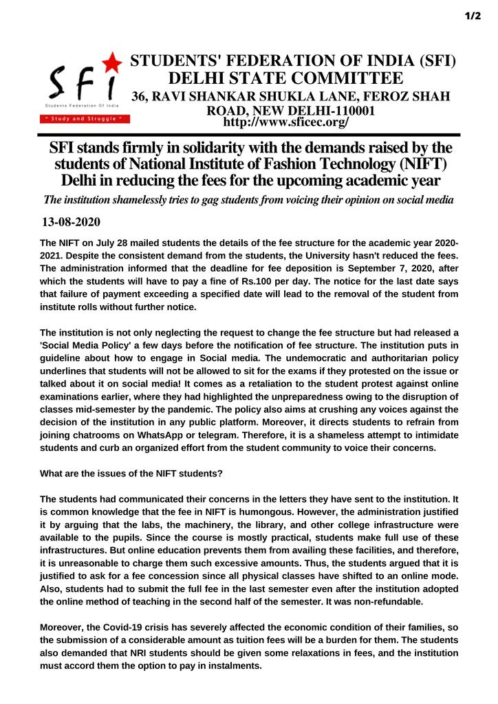 SfiDelhi's tweet photo. SFI stands firmly in solidarity with the demands raised by the students of National Institute of Fashion Technology (NIFT) Delhi in reducing the fees for the upcoming academic year.

#FeesMustFall https://t.co/BhVTcUoDIc