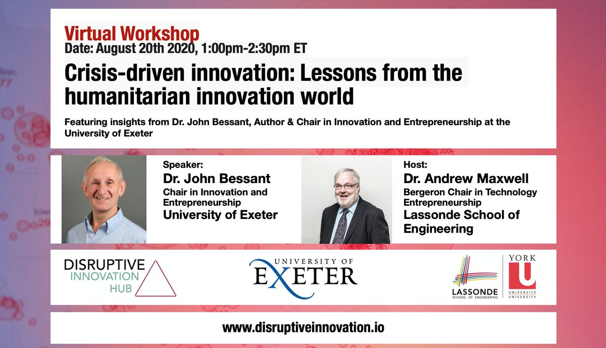 HubDisruptive's tweet photo. Join us for a #free virtual #workshop on #Crisis-driven Innovation. Dr John Bessant from @UniofExeter  will draw on experiences in the crisis-filled world of humanitarian #innovation to explore some key themes.
Learn more: https://t.co/9zRXz6Fz21
#covid19innovation https://t.co/LzBC3vLOHs