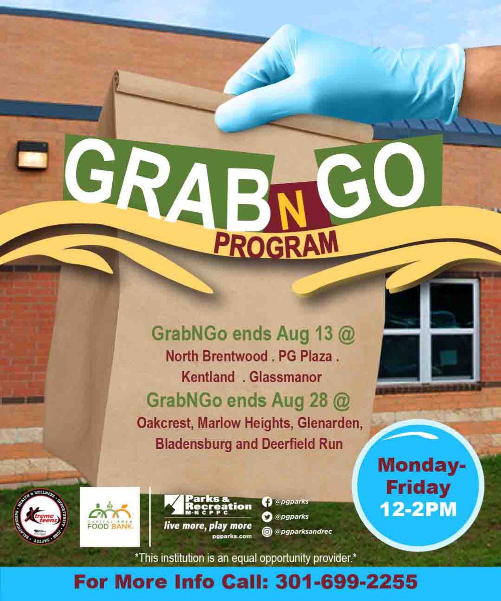 pgparks's tweet photo. The Grab N Go Food Program will be ending today ( 8/13/2020) at the following Locations:

North Brentwood Community Center
Prince George's Plaza Community Center
Glassmanor Community Center
Kentland Community Center https://t.co/2uauuk26Ig