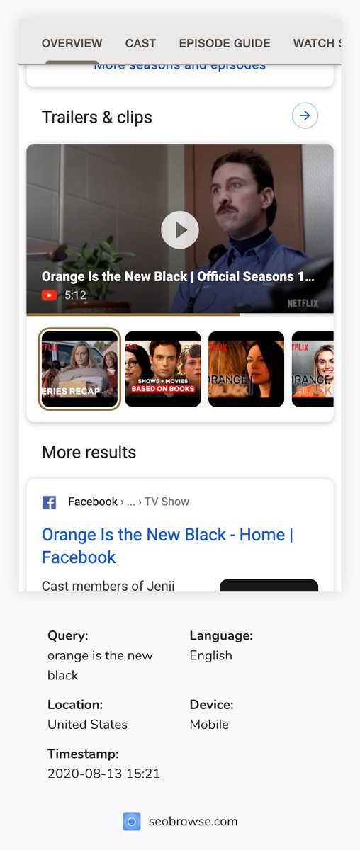 Looking at the SERP Netflix has very strong brand and content play, which just works also on other platforms: Instagram (24M) and Youtube (16M subs) makes dependency on ads and Google search less important  .This strategy also loops back into the SERP (youtube only onebox):