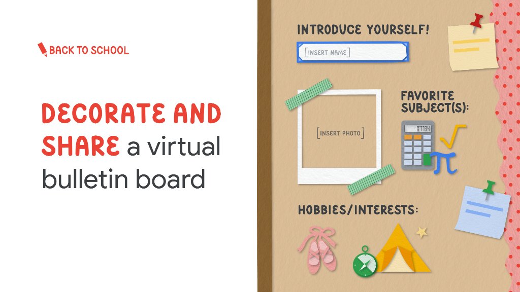 GoogleForEdu's tweet image. If your classroom is virtual, blended, or in-person this school year, try creating a digital #BackToSchool bulletin board in #GoogleSlides. Check out our customizable template and get started: goo.gle/3ivpIsW