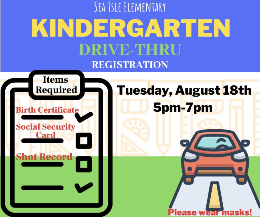 SeaIsleSeahawks's tweet image. KINDERGARTEN PARENTS: If you need help registering your kindergartener or need to drop off documents, stop by on Tuesday, August 18th (5:00 p.m. - 7:00 p.m.) #DriveThru #RegistrationHelp 📝🚙💨