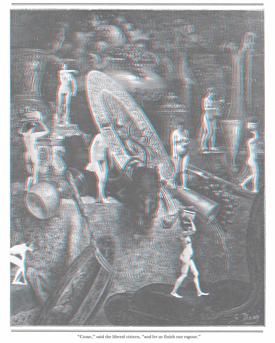 Put on your 3D specs now, viewers. My latest stereographic collage of Muybridge figures and Dore’s illustration for The Town Rat and the Country Rat by La Fontaine.  “Come,” said the liberal citizen, “and let us finish our ragout.”