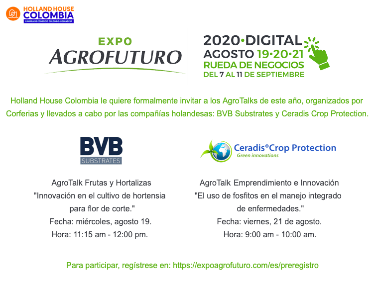HollandHouseCol's tweet photo. Tenemos el gusto de invitarle a los #AgroTalks virtuales de este año, organizados por @CorferiasBogota en marco de #ExpoAgrofuturo 2020. Este año, las empresas holandesas @BVBSubstrates y @Ceradis estarán presentando sus ponencias académicas.
Registros: https://t.co/fB5cfBsQDt https://t.co/ShY72B0tr2
