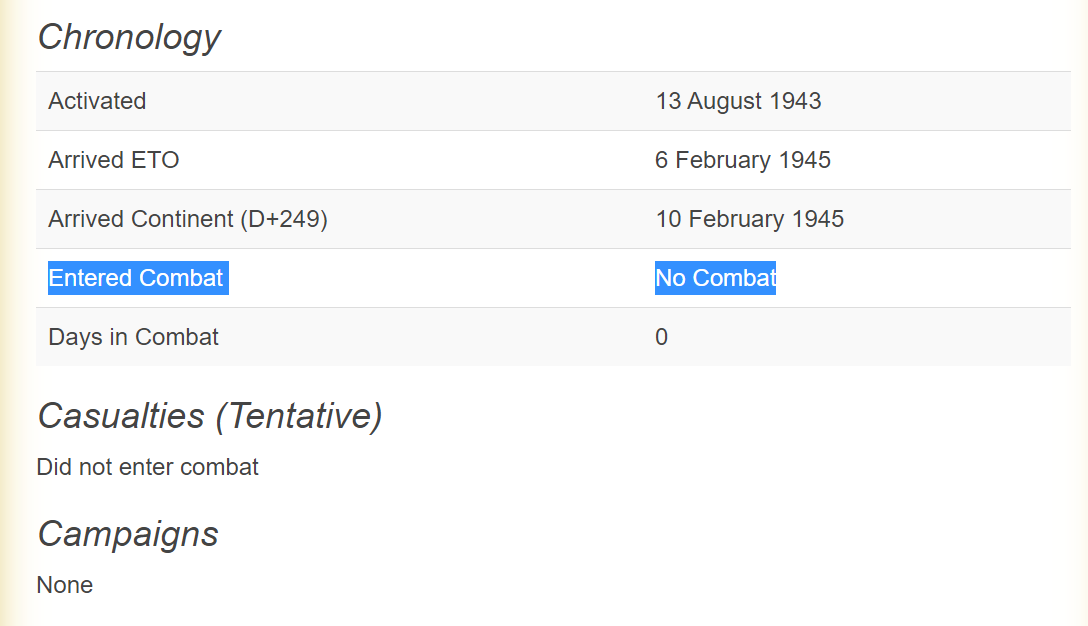 12 of 56Let’s see here…. Entered Combat. Oh. No Combat. Well that’s interesting. https://history.army.mil/documents/ETO-OB/13ABD-ETO.htm