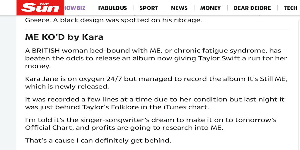 THANK YOU for spreading the word <a href="/TheSun/">The Sun</a>💙My album, 'It's Still M.E', sung from my bed, is aiming to reach the <a href="/officialcharts/">Official Charts</a> and raise £100k for #SevereME. I’m completely bedridden and rely on oxygen and 24hr care. Please keep buying!💙💙

Download Here: lnk.to/KaraJane