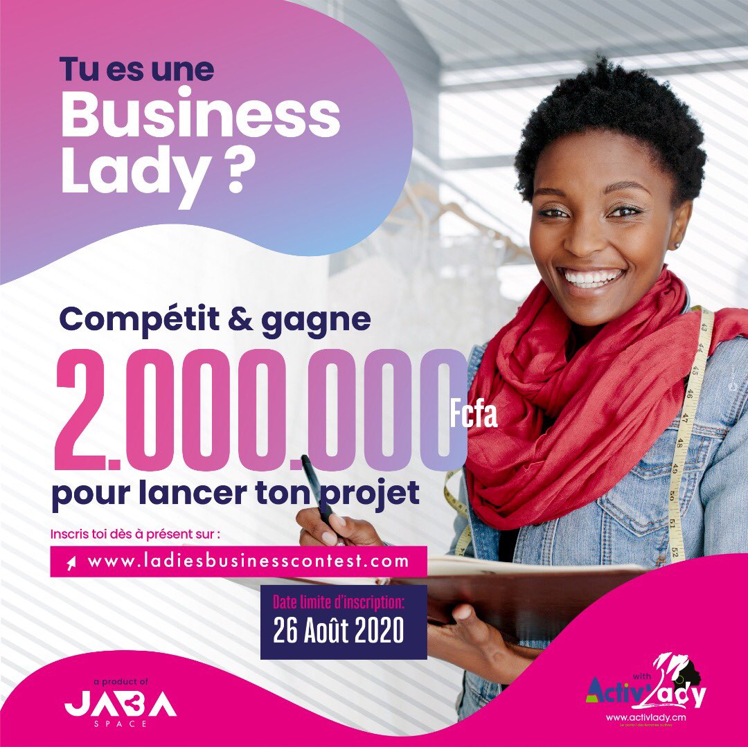 ☎️ 🔊Allô les ladies !
Tu es porteuse de projet ou entrepreneure ?

📡Jaba Space t’offre l’opportunité de financer et développer ton activité à travers le concours d’entrepreneuriat féminin #LadiesBusinessContest 

💰2.000.000 de Fcfa enjeu

ladiesbusinesscontest.com 
📞 696100807