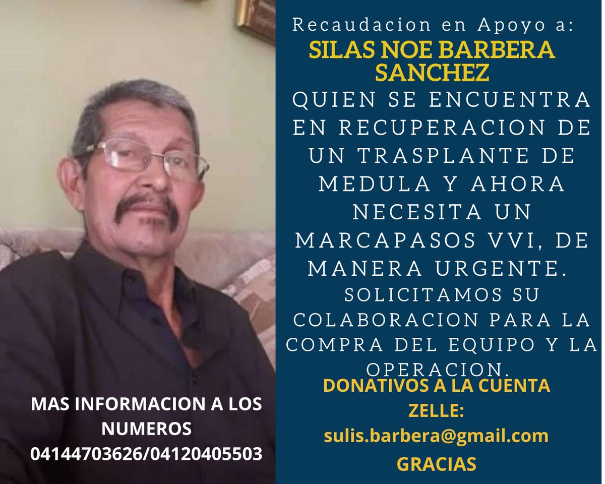 #ServicioPúblico | Silas Noe Barbera, quien se encuentra en recuperación de un trasplante de médula, requiere con urgencia un marcapasos VVI. Quien tenga la posibilidad de donar, estos son los datos: 🚩Zelle: sulis.barbera@gmail.com . Contacto: 0414-470-36-26 / 0412-040-55-03