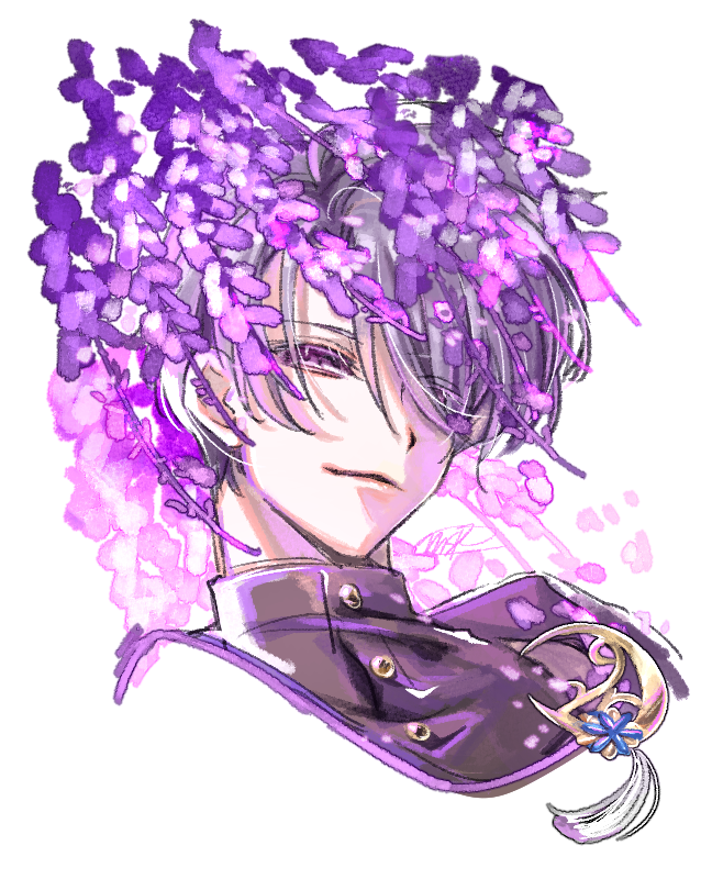 1boy male focus wisteria flower solo purple eyes white background  illustration images
