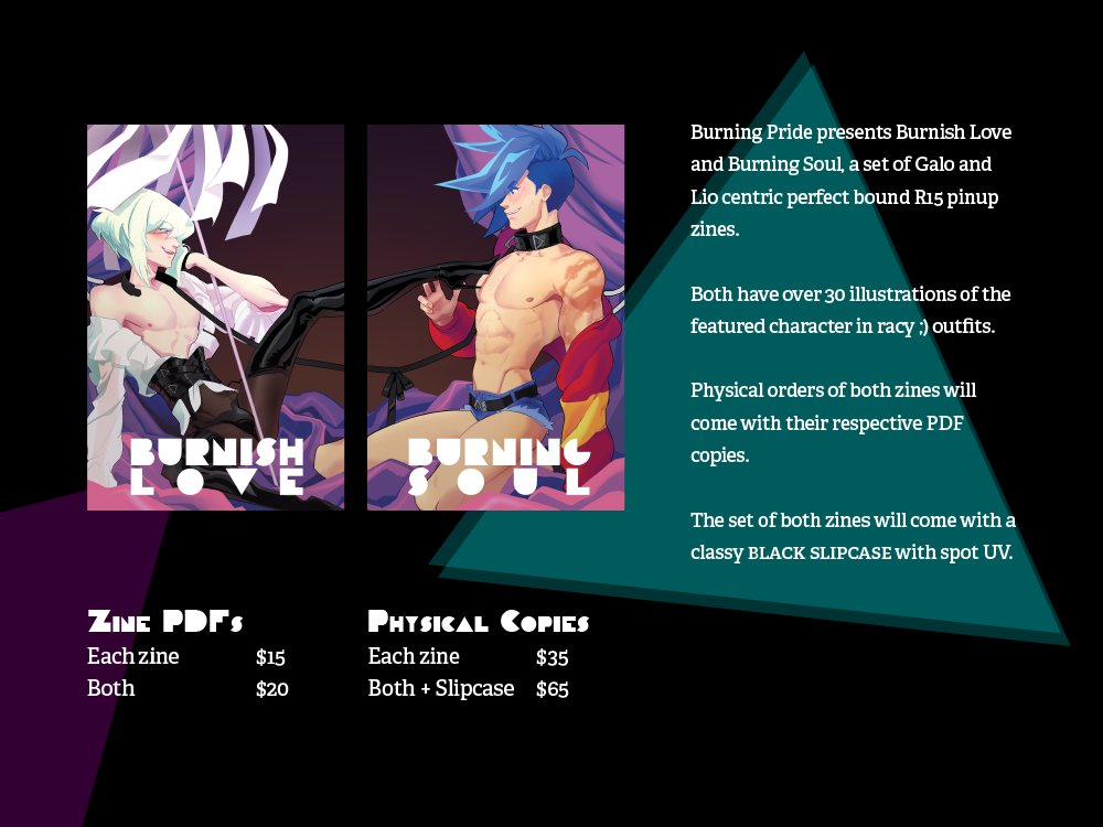promarepinups's tweet photo. BURNING🔺PRIDE is a pair of R15 Lio &amp; Galo pinup zines!

🔥ORDERS ARE CLOSING ON AUGUST 31ST🔥
Don't miss your chance to order both &amp; get a special slipcase!

📢You can use the coupon AUG2020 until Aug 20 for a 10% discount!

https://t.co/SeELW6dbx5
#promare #liofotia #galothymos https://t.co/FgNQjMh7fv