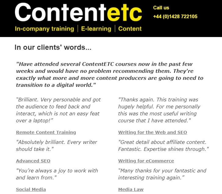 Don't just take our word for it...

bit.ly/3fUJCM0

#contentwriting #videotraining #marketingtraining #writingtraining #editorialskills #mediatraining
