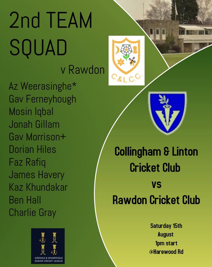 Collingham & Linton CC (@coll_lintoncc) on Twitter photo *TEAM NEWS*
A double header against <a href="/rawdoncc/">Rawdon Cricket Club</a> this weekend as both teams look to bounce back from disappointing losses last weekend. #greens *TEAM NEWS*
A double header against <a href="/rawdoncc/">Rawdon Cricket Club</a> this weekend as both teams look to bounce back from disappointing losses last weekend. #greens
